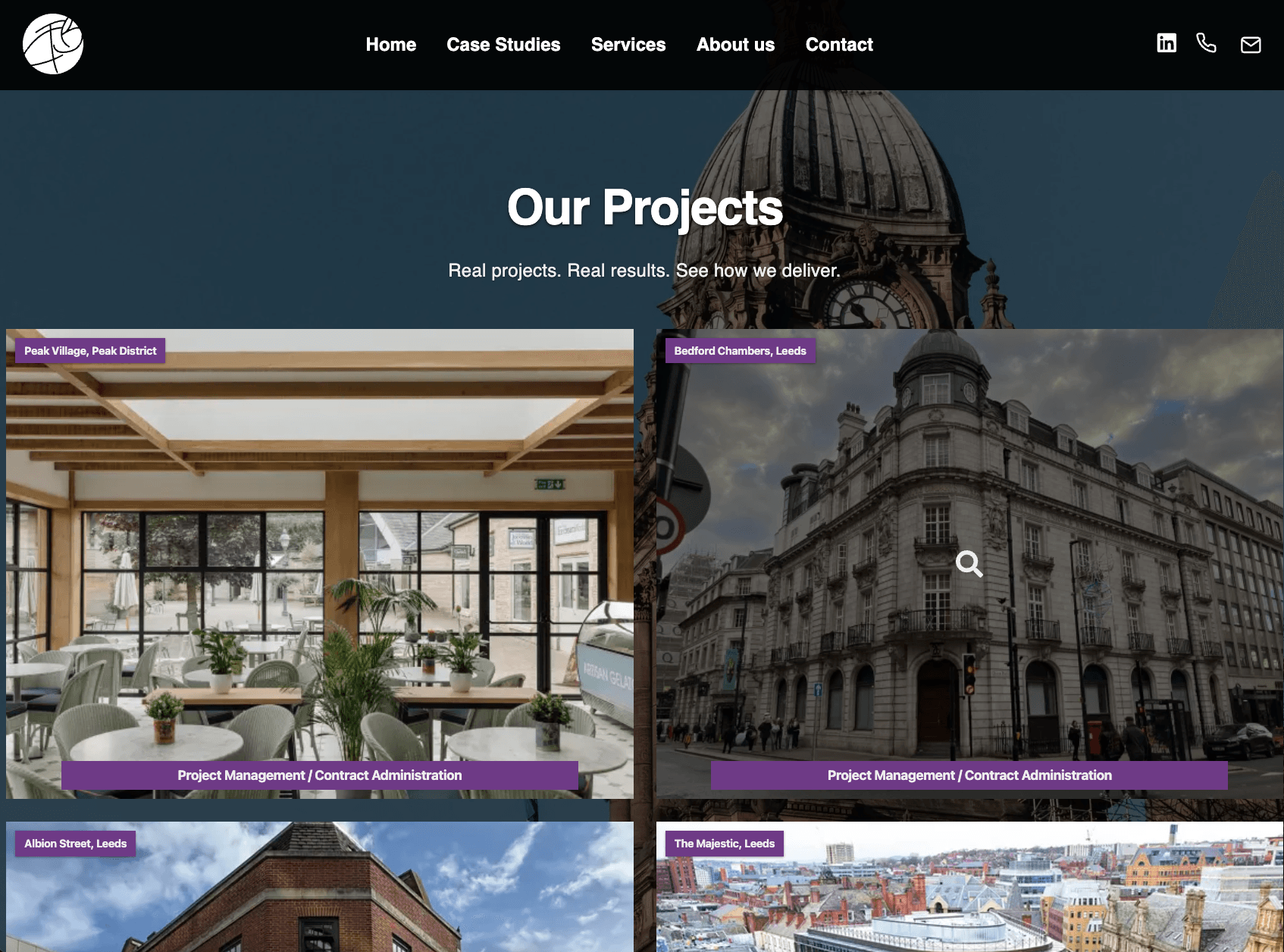 Modernised case study index designed to showcase projects with professional, high-quality imagery.