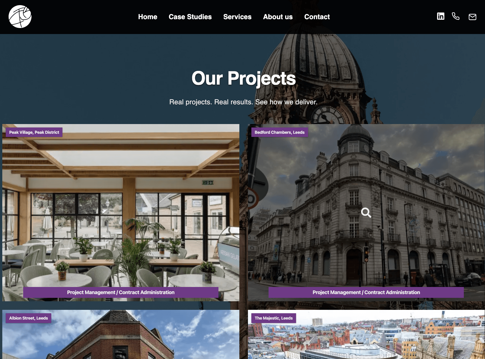 Modernised case study index designed to showcase projects with professional, high-quality imagery.