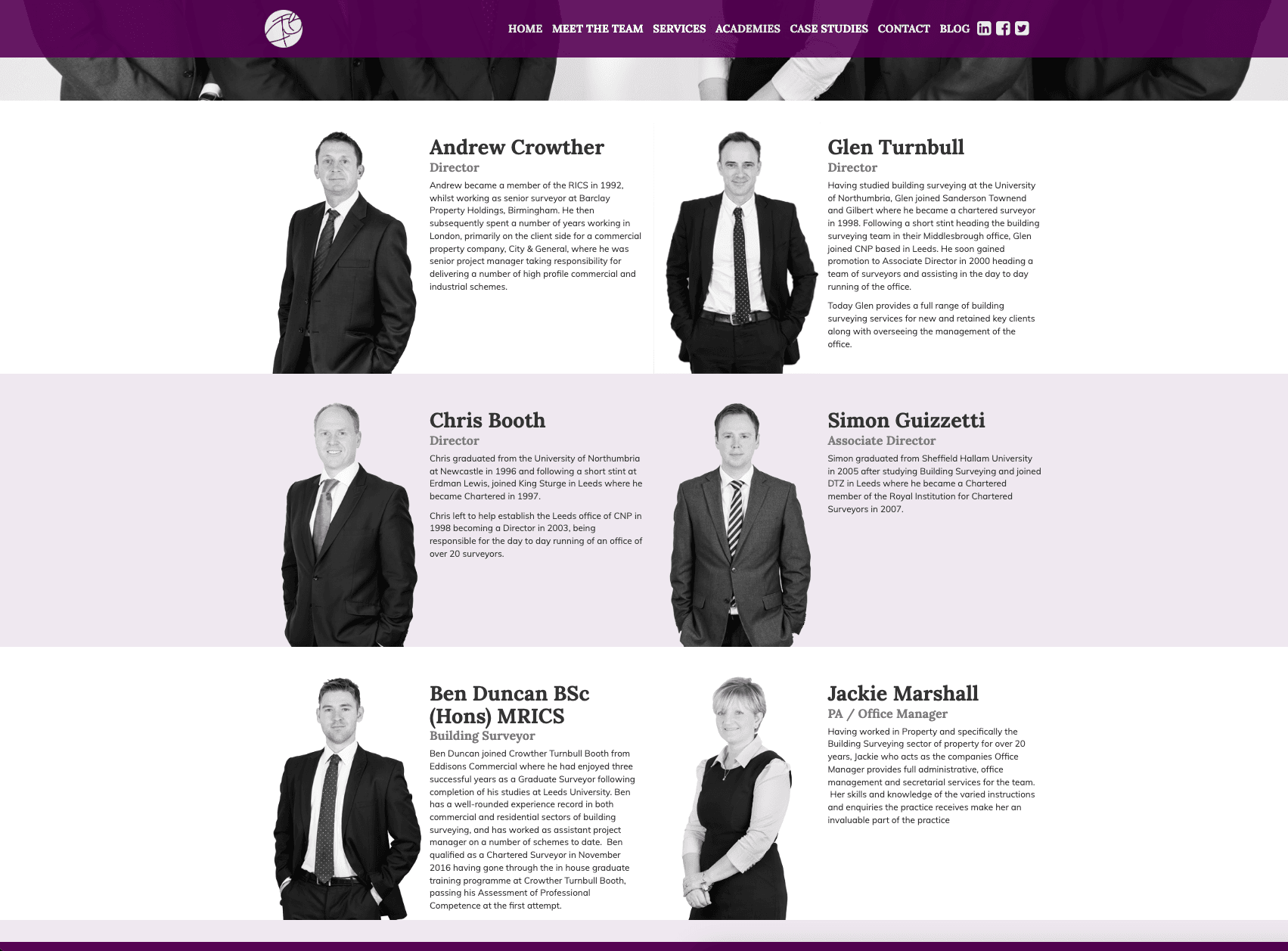 Outdated photography and layout for the 'Meet the Team' section with no CTAs.